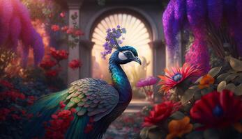 A Beautifully Colored Pheasant in an Enchanting Indian Garden, Amidst Magical Splendor and Vibrancy photo