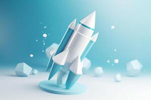 Symbolic 3D Rendering of White Rocket Model against Blue Background for Startup Concepts photo