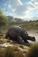 Guardian of the Prehistoric Realm A Realistic Illustration Showcasing the Mighty Ankylosaurus in a Mesmerizing Prehistoric Landscape photo