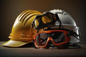 Protective Gear on Table Helmet, Goggles, and Gloves photo