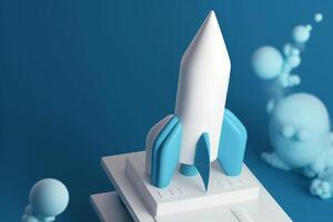 Symbolic 3D Rendering of White Rocket Model against Blue Background for Startup Concepts photo