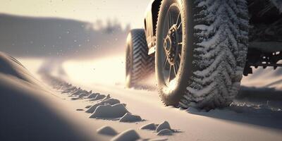 ilustración invierno llantas en el nieve con neumático pistas ai generado contenido foto