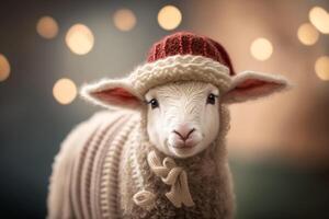 festivamente decorado, adorable pequeño oveja con Papa Noel sombrero en un Navidad escena ai generado foto