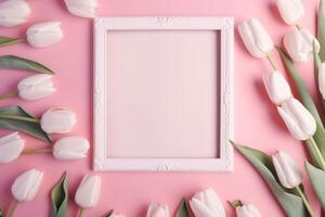 Empty white picture frame with pink tulips on a pink background photo