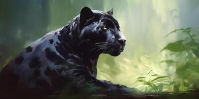 In the Jungle, the Mighty Panther Rests Amongst the Greenery An Aquarelle Painting AI generated photo