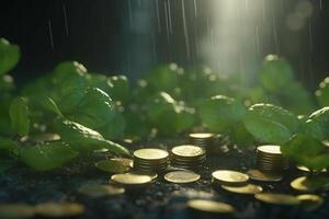 Green Seedling with Coins on the Ground, Eco-Financing and Sustainable Development Concept photo