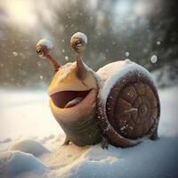 A funny happy Christmas snail in the snow photo