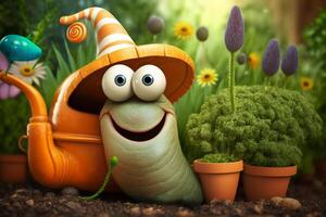 un gracioso caracol con un carretilla jardinería en primavera ai generado foto