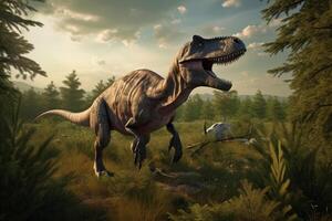 itinerancia el antiguo tierras un realista ilustración exhibiendo el poderoso allosaurus en un prehistórico paisaje ai generado foto
