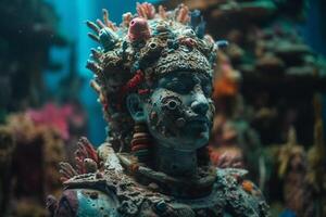 Coral-Encrusted Ancient Sculpture Head in Underwater Setting photo