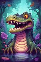 Whimsical and Colorful Digital Comic Art The Playful Adventures of Sarcosuchus in a Prehistoric World photo