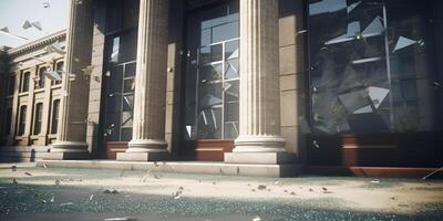 solitario secuelas de un banco correr destrozado vaso y escombros en el vacío calle ai generado foto