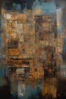 Urban Patchwork Symphony A Fusion of Grunge, Chicago Imagists, Eclectic Collage, and Blue-Sepia Masterpiece on a Grand Canvas photo