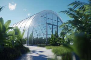 Oasis of the Future A Glowing Greenhouse Under a Blue Sky photo