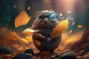 Illustration Funny mole in golden autumn with colorful leaves in the forest content photo