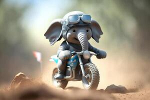 Adventurous little elephant rides motorbike through motocross course photo