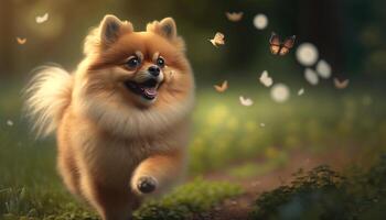 persiguiendo mariposas adorable pomeranio perro en un verde prado ai generado foto