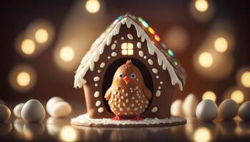 Sweet and Spicy A Gingerbread Chicken in Front of a Gingerbread House photo