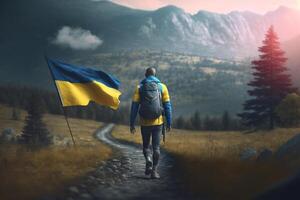 ucranio portador de la bandera soportes orgulloso en montaña arriba, mirando a el horizonte - un símbolo de libertad ai generado foto