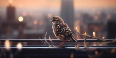 salvaje pájaro encaramado en acero barandilla de fuego escapar, con urbano horizonte durante puesta de sol en antecedentes ai generado foto