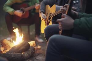 Campfire Jam Session Friends Playing Guitar and Singing by the Fire photo