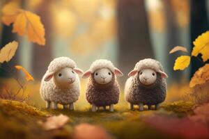 Cute and Cozy Sheep Among Colorful Autumn Leaves in a Sunny Forest on a Beautiful Fall Day photo