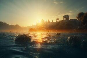 Sunset View of Ancient Ruins on Coastline with Waves in Foreground photo