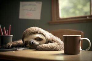 Exhausted tired sloth sleeps on a desk next to a coffee mug photo