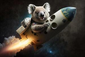 Koala flies through space on a rocket content photo