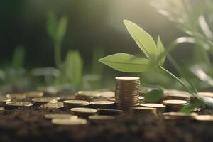 Green Seedling with Coins on the Ground, Eco-Financing and Sustainable Development Concept AI generated photo