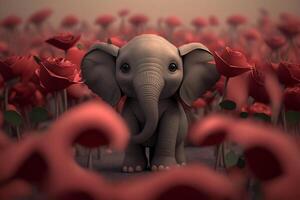 Rosy Delight A Cute Little Elephant in a Field of Blooming Roses photo