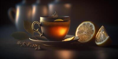 Tea with Lemon and Bokeh in Transparent Glass photo