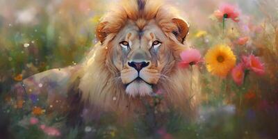 Majestic Lion Resting Amongst Summer Flowers in Watercolor AI generated photo