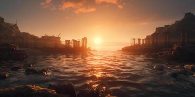 Sunset View of Ancient Ruins on Coastline with Waves in Foreground photo