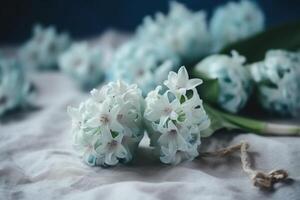 Blooming Blue Hyacinths Against Light Wooden Background photo