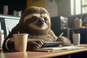 Adorable Sloth Enjoying a Coffee Break in a Cup at the Office Desk photo