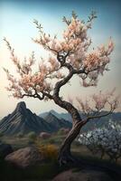 Serene Chinese landscape with pink blossoming peach tree photo