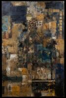 Urban Patchwork Symphony A Fusion of Grunge, Chicago Imagists, Eclectic Collage, and Blue-Sepia Masterpiece on a Grand Canvas photo