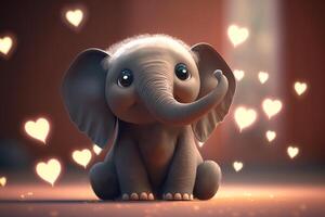 un linda pequeño elefante con corazones para San Valentín día ai generado foto