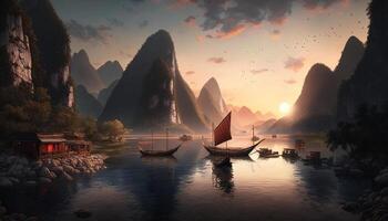 River Serenade Majestic Chinese Landscape with Sunset Glow, Boats, and Mountains AI generated photo