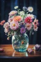 Vibrant Floral Arrangement in a Colorful Vase photo