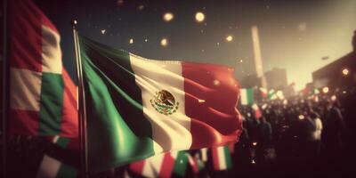 Mexican Flag Flying High in the Streets Celebrating Mexican Revolution Day photo