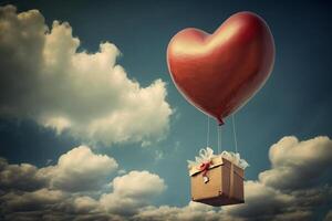 Beautiful red air balloon heart shape against blue sky. Romantic trip on Valentine's Day. Illustration photo