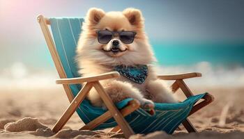 elegante pomeranio perro descansando en un playa silla vistiendo Gafas de sol ai generado foto