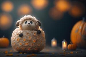 Adorable Little Sheep with Pumpkin in a Fall Field photo