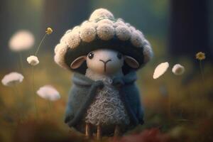 Funny and Adorable Woolen Sheep Dressed as a Mushroom in an Enchanting Fairytale Forest photo