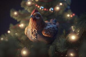 Navidad pollo un plumado amigo en un festivo abeto ai generado foto