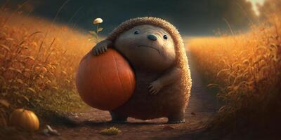 Cheerful Mole Carrying Heavy Pumpkin in Autumn Harvest Festival photo