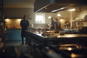 detrás el escenas ocupado cocina personal preparando comida en restaurante o hotel cocina ai generado foto