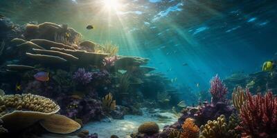 vistoso coral arrecife con pescado en claro azul agua, submarino fotografía ai generado foto